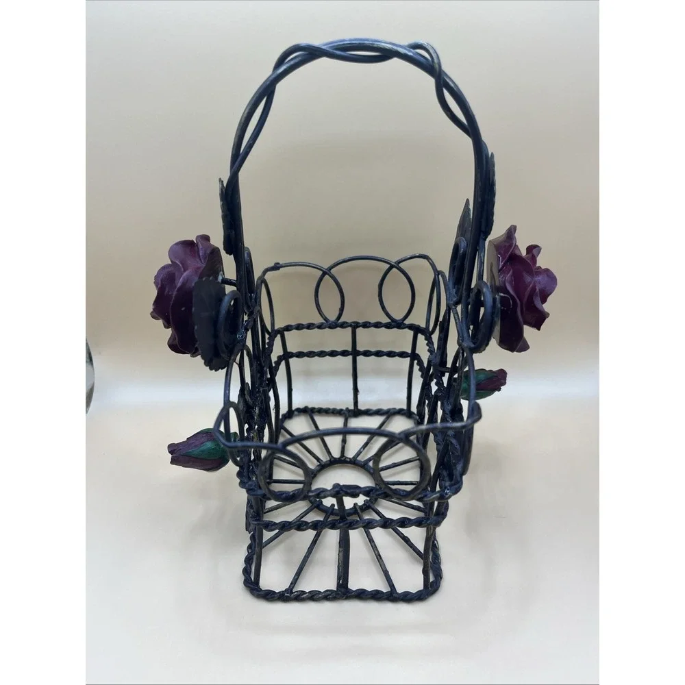 Metal Tole Purple Rose Wire Basket 7.5